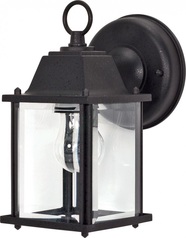 1 Light; 9 in.; Wall Lantern; Cube Lantern with Clear Beveled Glass; Textured Black Finish